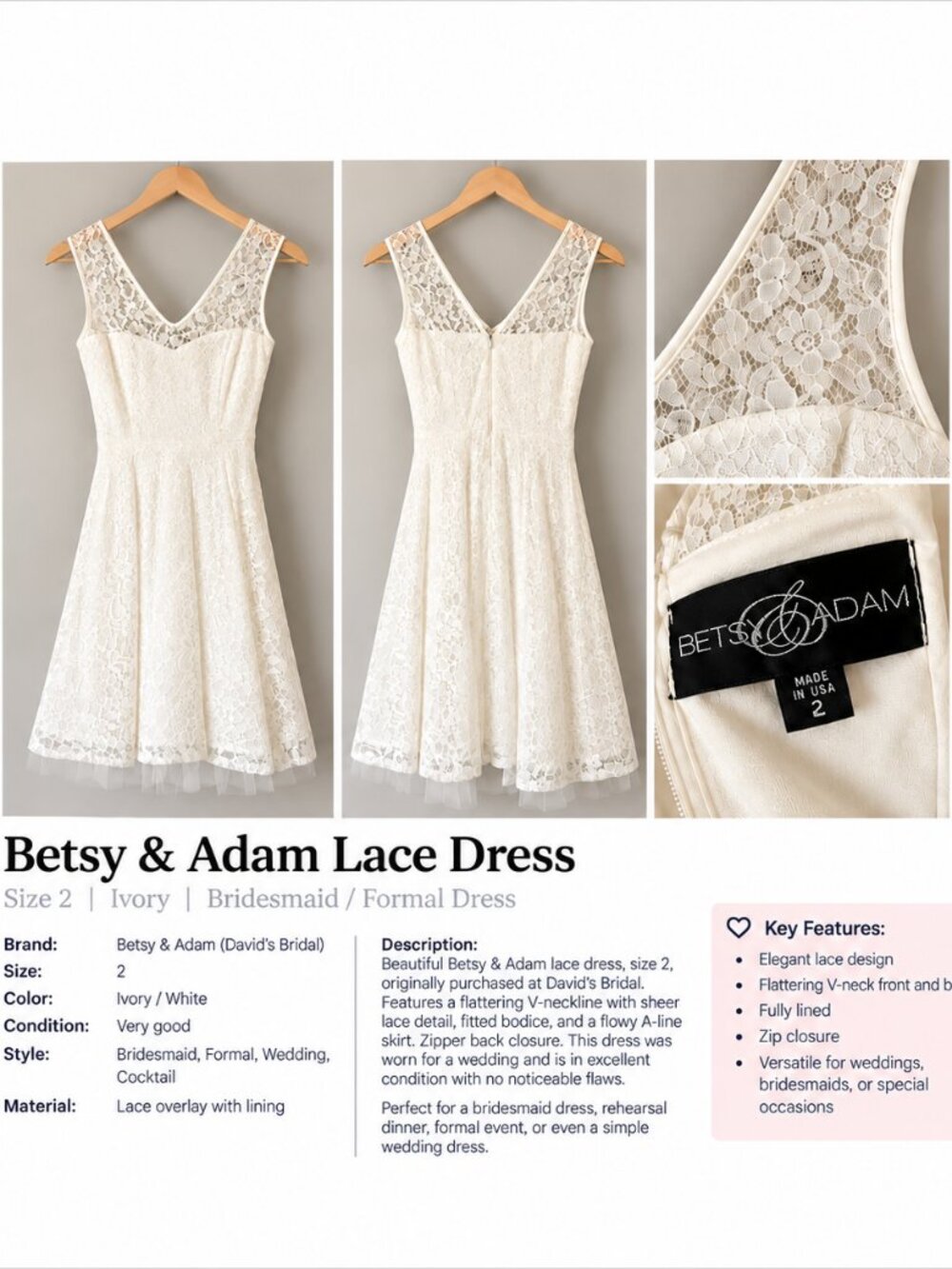 Betsy & Adam Ivory Lace Dress Size 2 – Wedding / Bridesmaid / Formal Dress